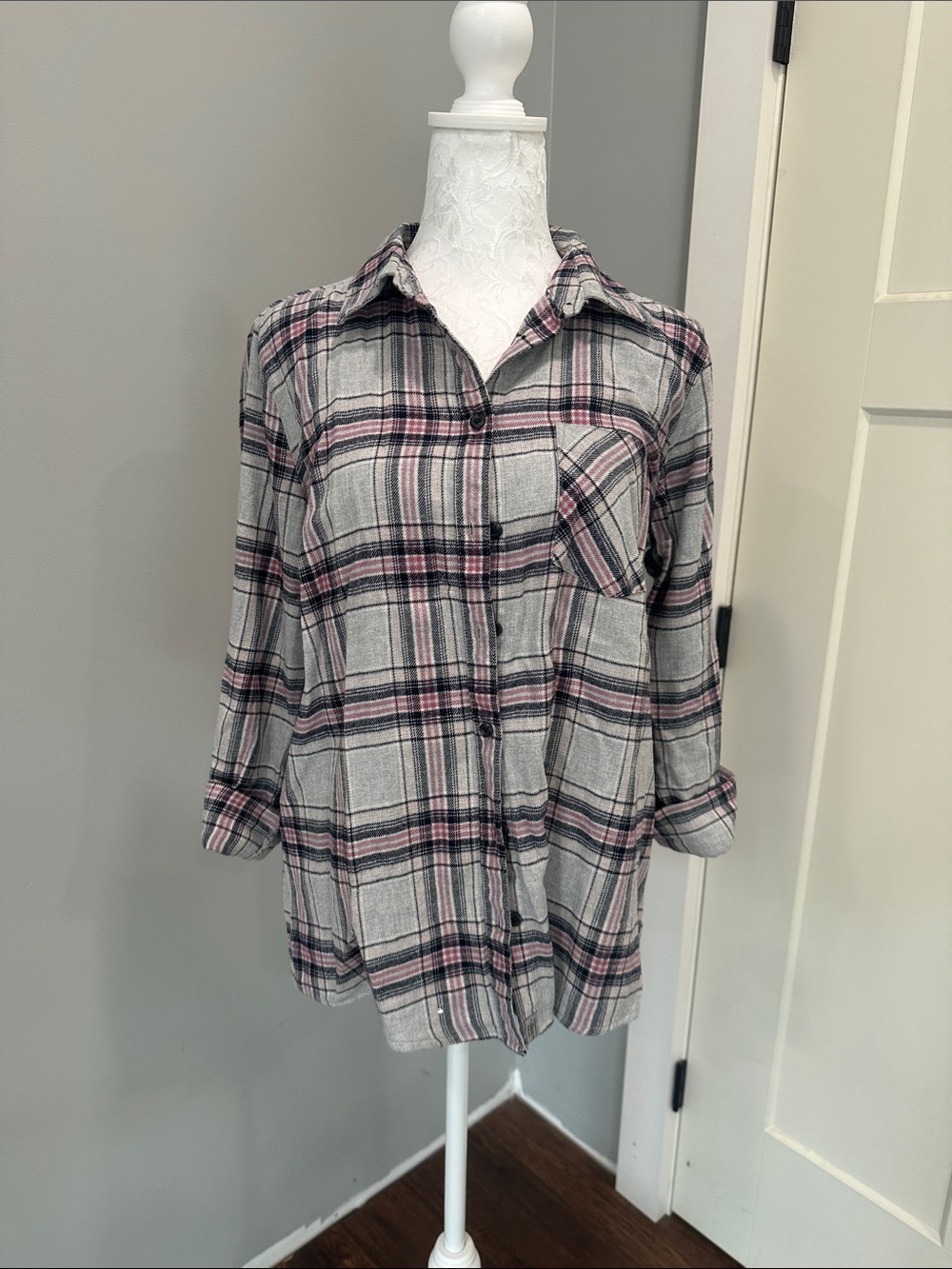 Bass Gray Plaid Button-Down Shirt with Pink Stripes